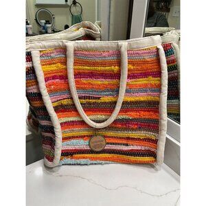 NWT Handmade Artisan Upcycled Chindi Rag Rug Material Large Bright Colorful Tote